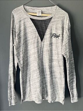 PINK Victoria's Secret Gray Heather Long Sleeve Top with Black Mesh